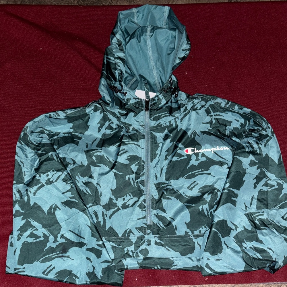 Champion Teal Camouflage Hooded Rain Jacket